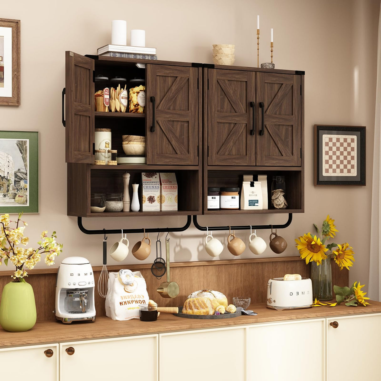 RUSTOWN Farmhouse Wall Storage Cabinet with Two Barn Door, Rustic Mounted Medicine Cabinet with Adjustable Shelf and Towel Bar, 3-Tier Wood Cabinet for Kitchen, Bathroom, Living Room (Dark Walnut) RUSTOWN