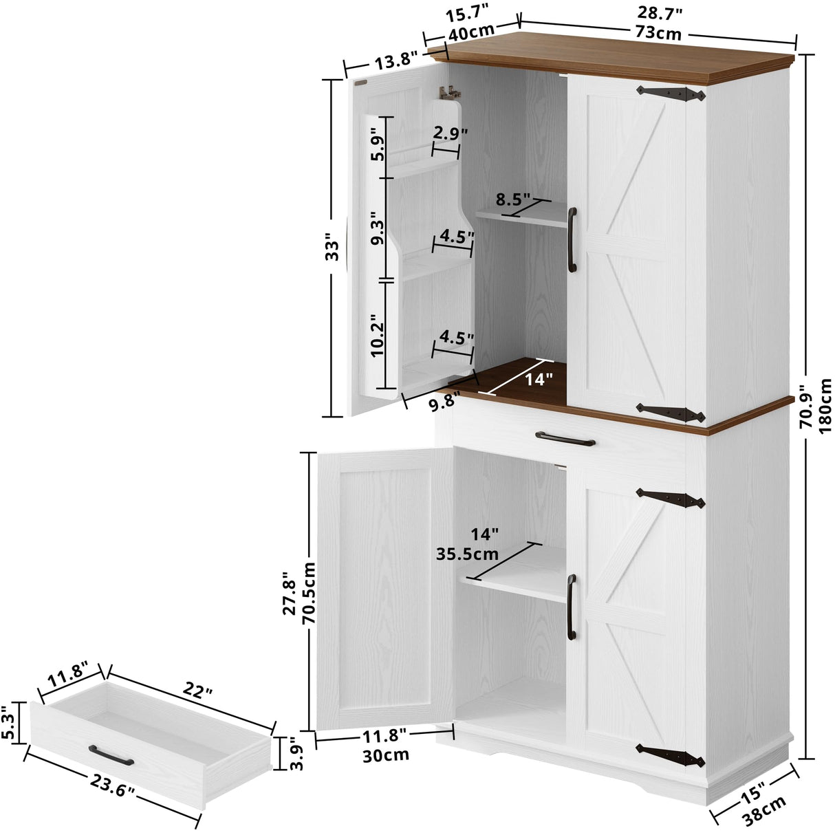 IRONCK Farmhouse Kitchen Pantry Cabinet, Tall Storage Cabinet with 6 Hanging Shelves and Adjustable Shelves, Freestanding Cupboard with Barn Doors for Kitchen, Dining Room, White/Walnut IRONCK