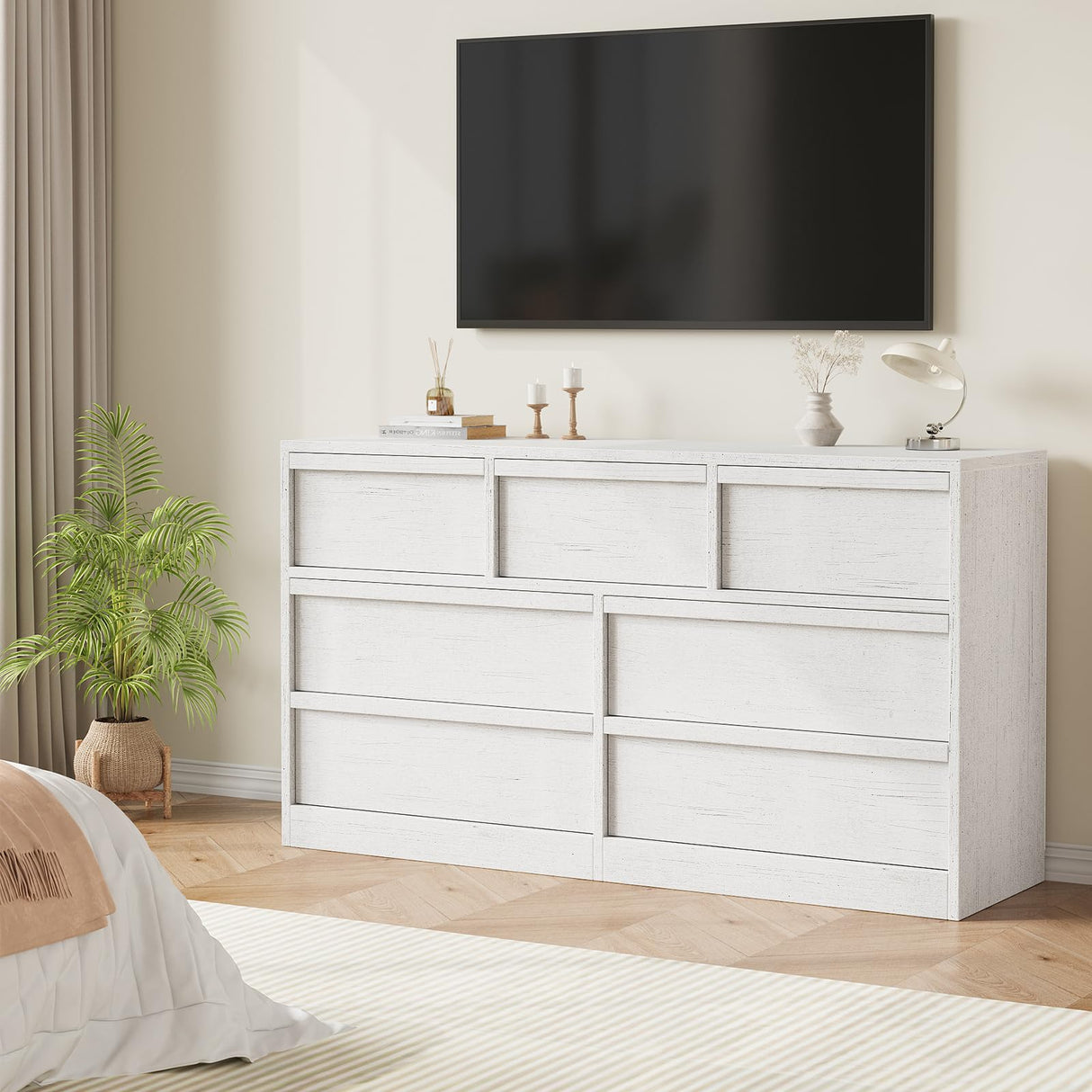 GarveeHome 7 Drawer Dresser for Bedroom, 54in Wide Antique White 7 Chest of Drawers with Large Storage, Wooden Dresser Organizer for Living Room, Nursery, Entryway GarveeHome