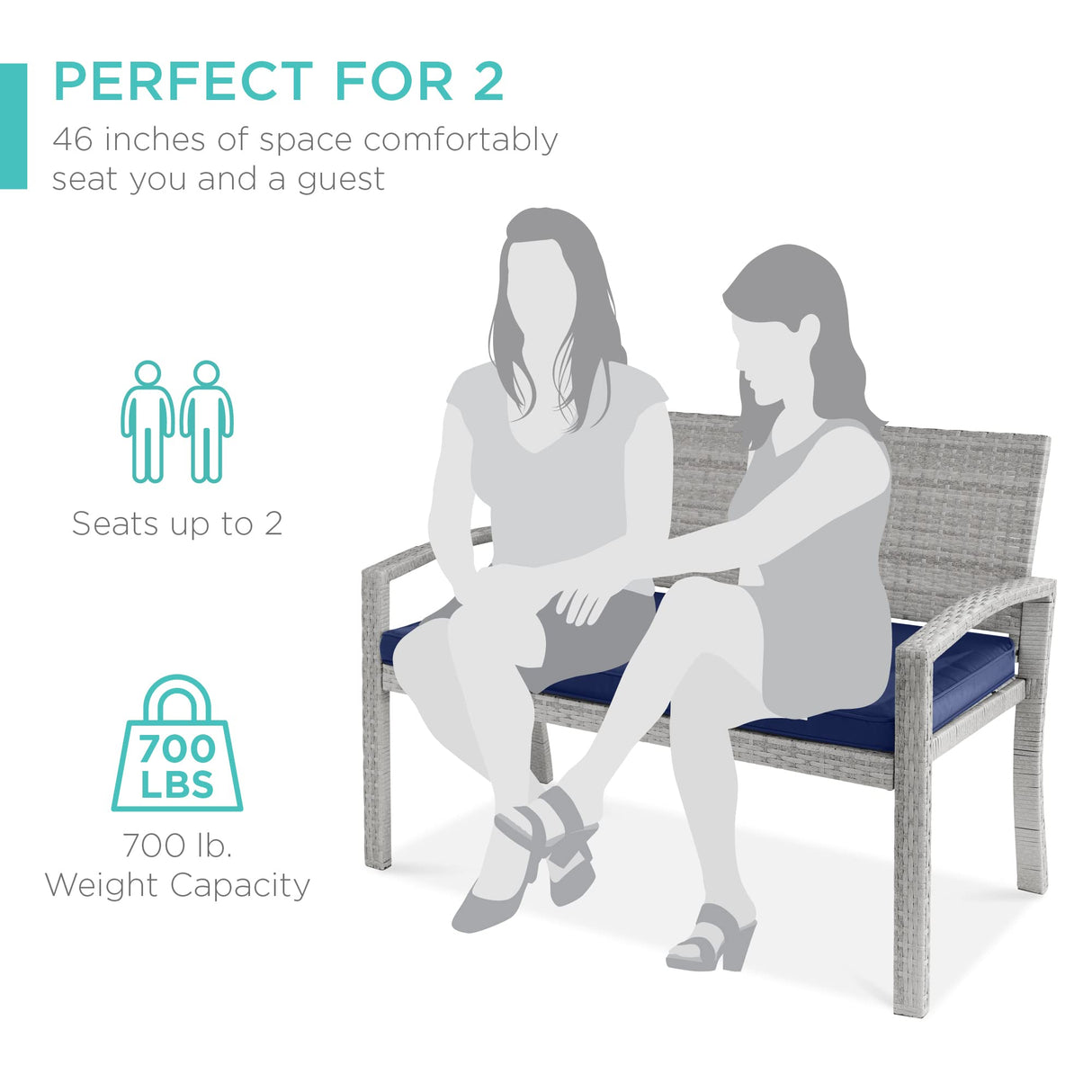 Best Choice Products Outdoor Bench 2-Person Wicker Garden Patio Benches Seating Furniture for Backyard, Porch w/Seat Cushion, 700lb Capacity - Gray/Navy Best Choice Products