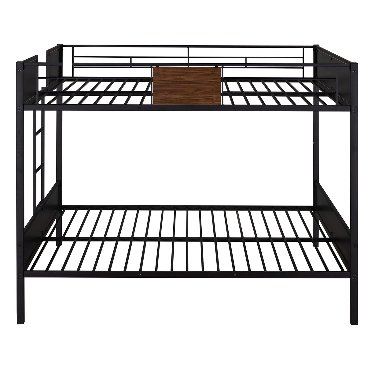 Full Over Full Metal Bunk Bed, Modern Style Heavy-Duty Steel Frame Bunk Bed with Safety Rail, Built-in Ladder for Bedroom, Dorm (Black + Brown) Bellemave