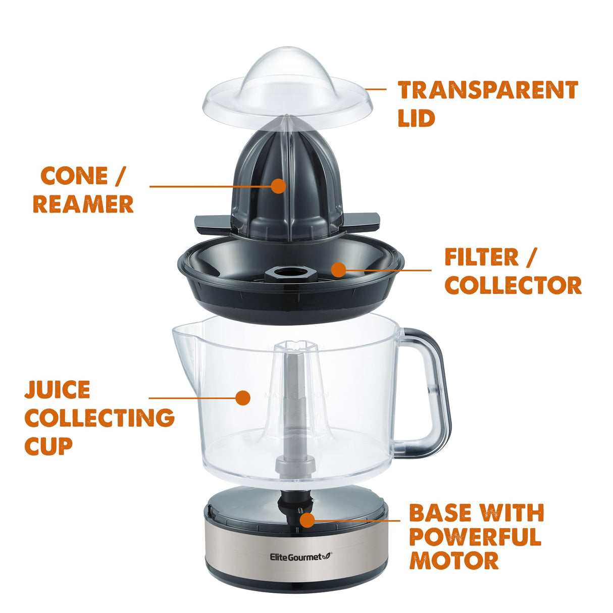 Elite Gourmet ETS623 BPA-Free Electric Citrus Juicer, Compact, Large Volume, Pulp Control, Oranges, Lemons, Limes, Grapefruits with Easy Pour Spout, 24oz, Black/Stainless Steel Elite Gourmet