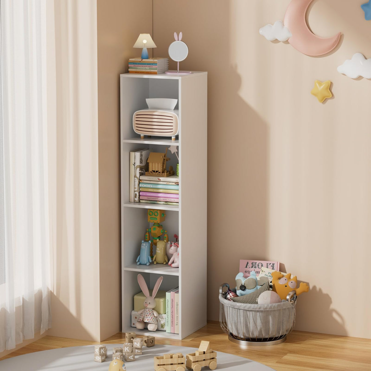Nestwise 4 Tier Bookshelf, Freestanding Corner Storage Shelve Book Case for Narrow Space, 4 Cube Storage Organizer Small Bookcase for Home Office Living Room (White, 4 Cube) Nestwise
