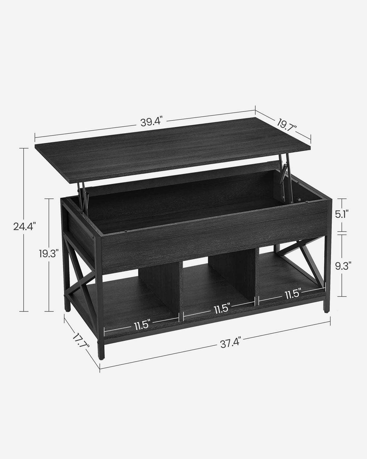 VASAGLE Lift Top Coffee Table, Lift Coffee Table with Storage Shelf, Hidden Compartments and Lifting Top, for Living Room, Office, 19.7 x 39.4 x (19.3-24.4) Inches, Black with Wood Grain ULCT202B22 VASAGLE