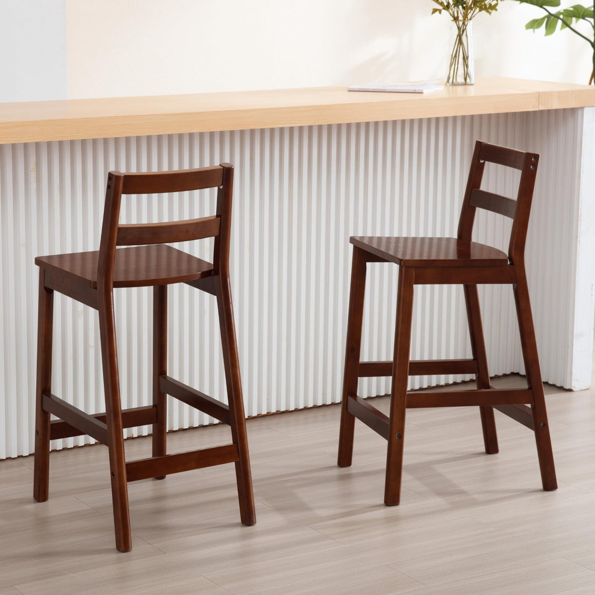 Janoray Counter Height Bar Stools Set of 2 Farmhouse Counter Stools with Ladder Back 26-Inch Solid Wood Barstools for Kitchen Island/Pub/Cafe, Brown Janoray