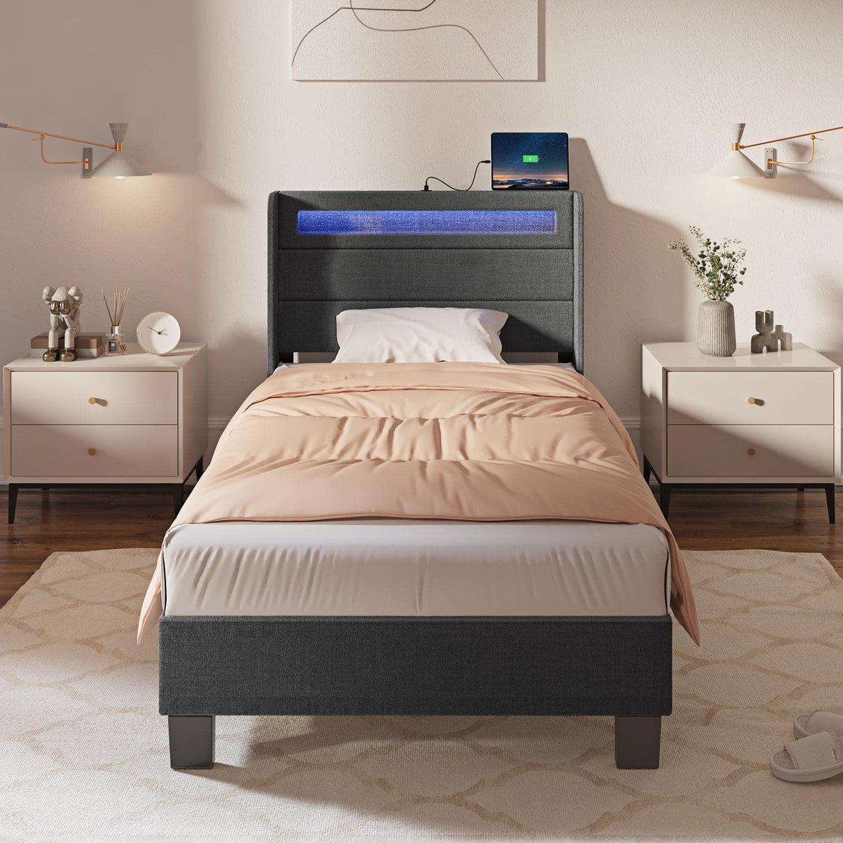 Rolanstar Bed Frame Twin Size with LED Lights and Charging Station, Upholstered Bed with Motion Activated Night Light and Wood Slats, Dark Grey Rolanstar