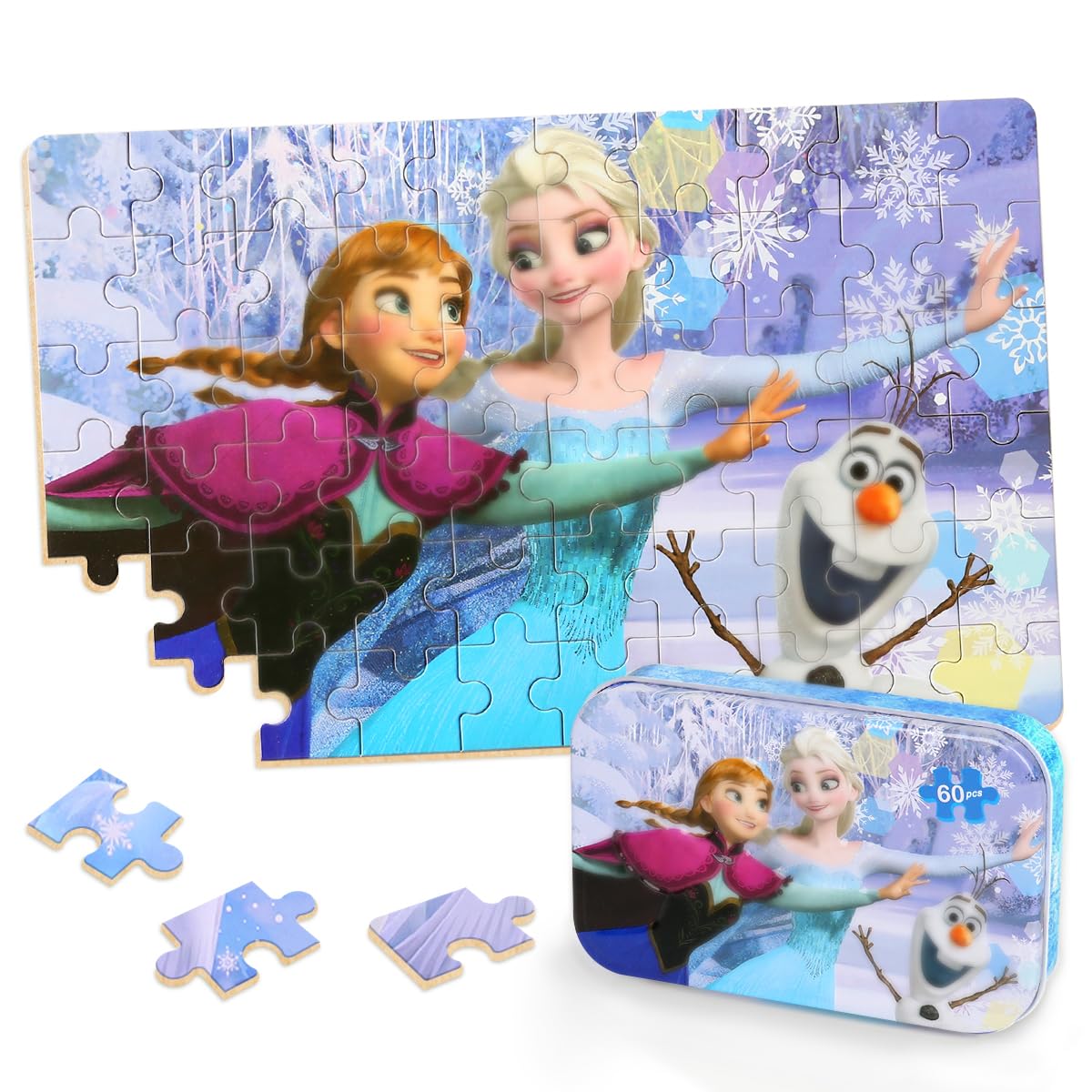 Puzzles for Kids Ages 4-8,Kids Puzzles in a Metal Box,Winter Princess Snowman Puzzles,Kids Boys Girls Learning Educational Puzzles Packed in Tin Box,60 Pieces wieewg