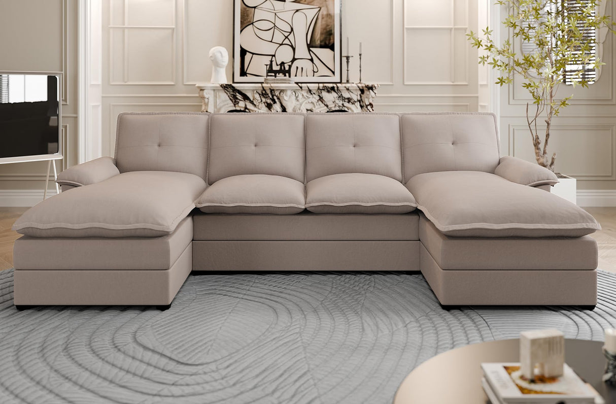 Shintenchi 110" Sectional Couches for Living Room,4 Seat U Shape Modular Couch with Thick Cushion & Soft Backrest,Upholstered Sofa Couch with Double Chaise,Beige Shintenchi