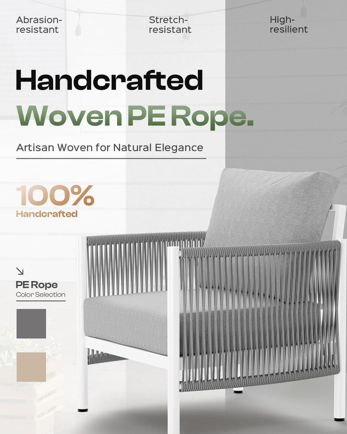 Oasbira Aluminum Outdoor Patio Furniture Set, HDPE Rope 4 Piece Modern Sectional Conversation Sets with Dual-Layer Coffee Table, All Weather Patio Couch Set with Thick Cushions, White Frame, White Oasbira