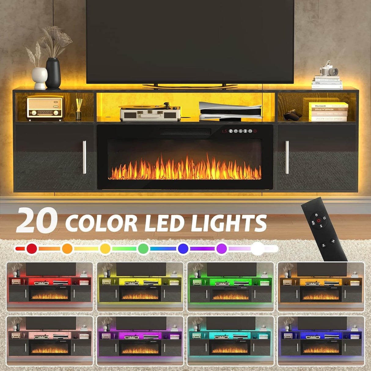 PUKAMI 70" Floating TV Stand with 36" Electric Fireplace,Wall Mounted Fireplace Entertainment Center with LED Lights and Highlight Storage Cabinet for TVs up to 80", for Living Room (Black) PUKAMI