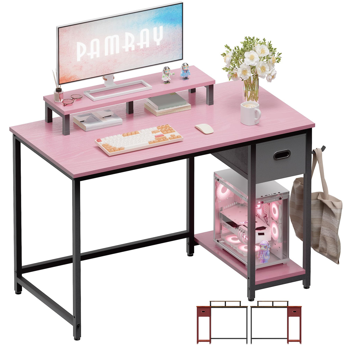 Pamray 39 Inch Computer Desk with Monitor Stand Small Home Office Desks with Non-Woven Storage Drawer for Bedroom Study Table Writing and Work Desk Pink Pamray