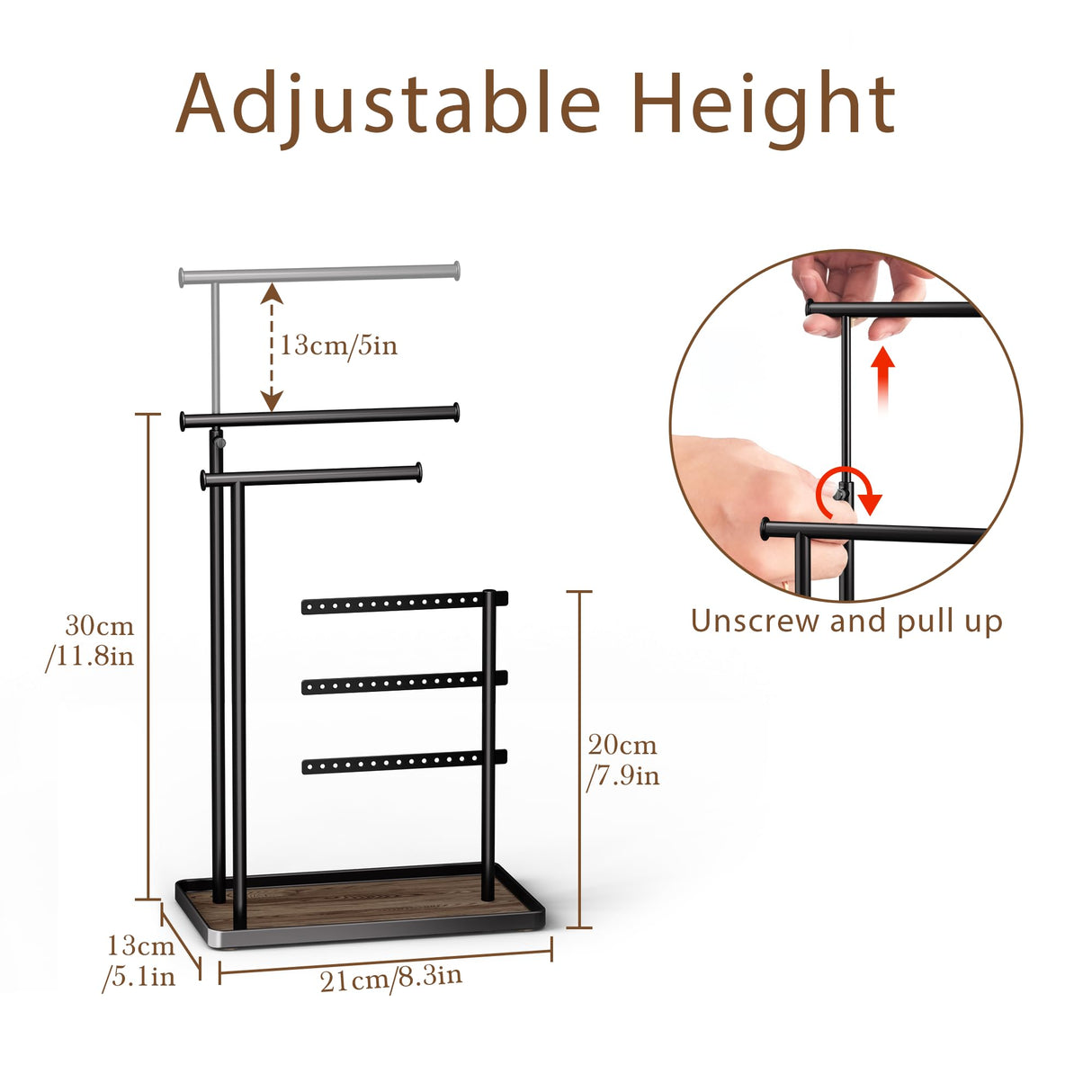 susswiff Jewelry Holder Organizer Stand - Adjustable Tall 17.5" (Max), Sturdy Jewelry Hanger for Necklaces, Earrings, Bracelets, Rings, Jewlery Display and Storage, Black, Metal susswiff