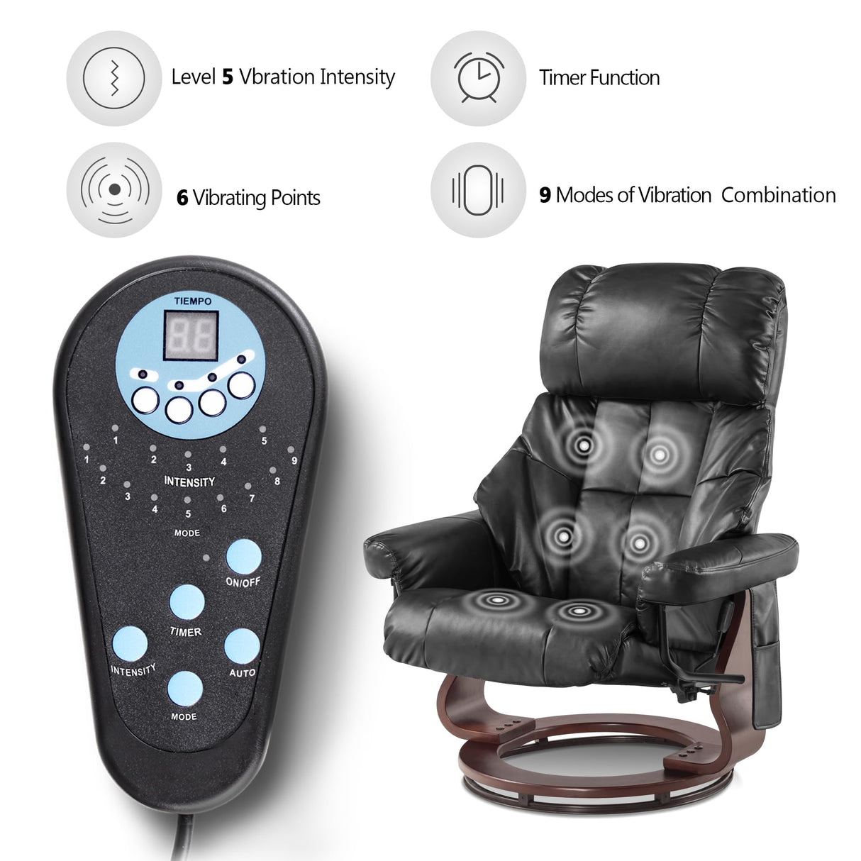 MCombo Manual Swivel Recliner with Ottoman, Reclining Chair with Vibration Massage for Small Spaces, Living Room, Office, Faux Leather 9068 (Black) MCombo