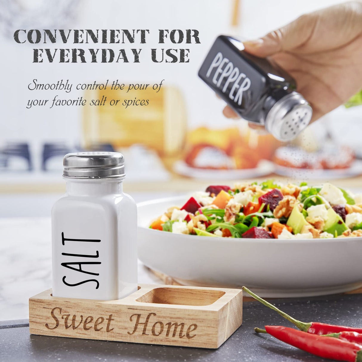 Salt and Pepper Shakers Set with Holder - Dopeca Glass Salt Shaker with Wood Caddy for Kitchen Counter or Table - Black and White Kitchen Decor and Wedding Gifts -2.7 oz dopeca