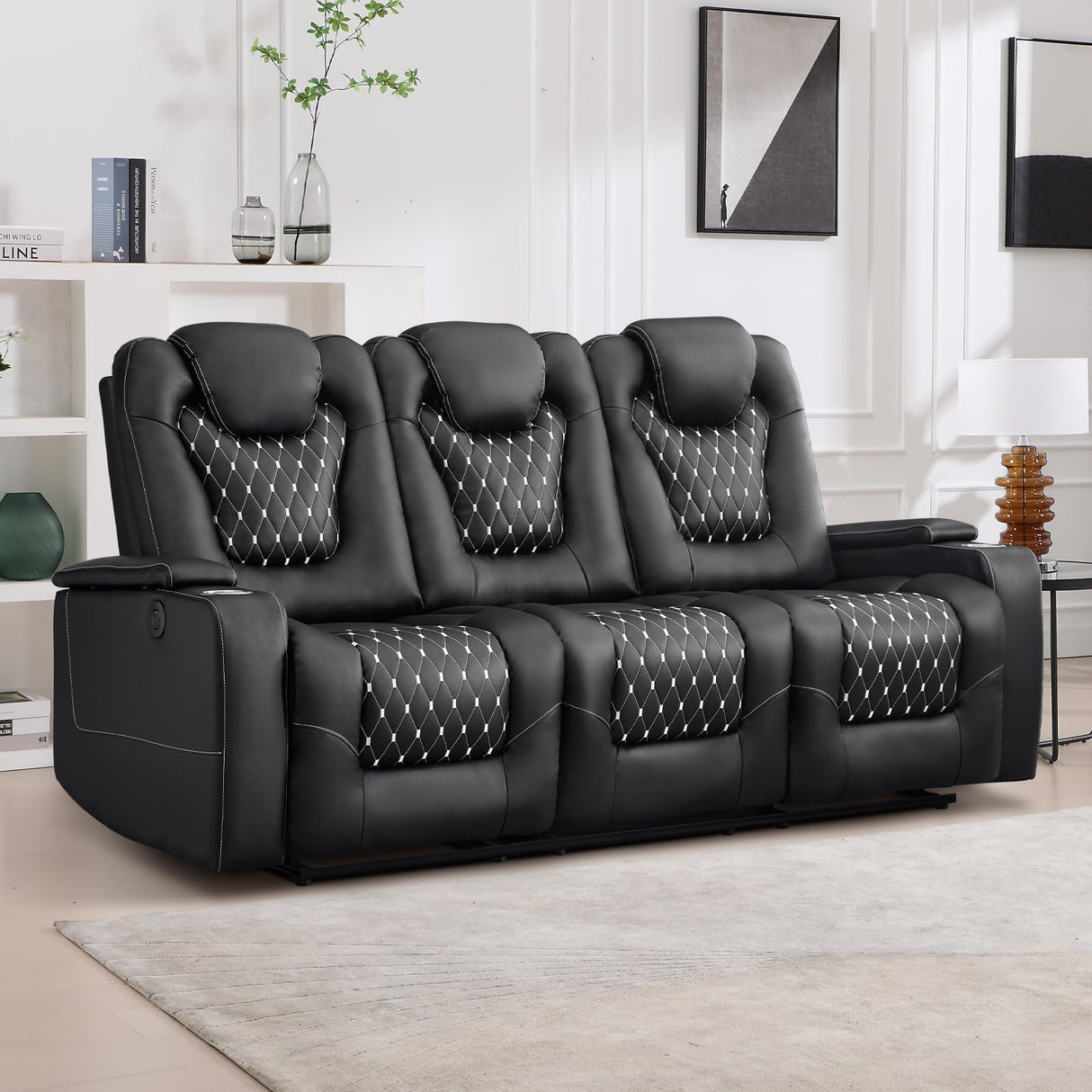 ANJ Recliner Sofa,Power Reclining Couch with USB Ports and Cup Holders - Overstuffed Electric Living Room Seating PU Leather Recliner Sofa Set with Hidden Arm Storage, Easy to Clean (Black) ANJ