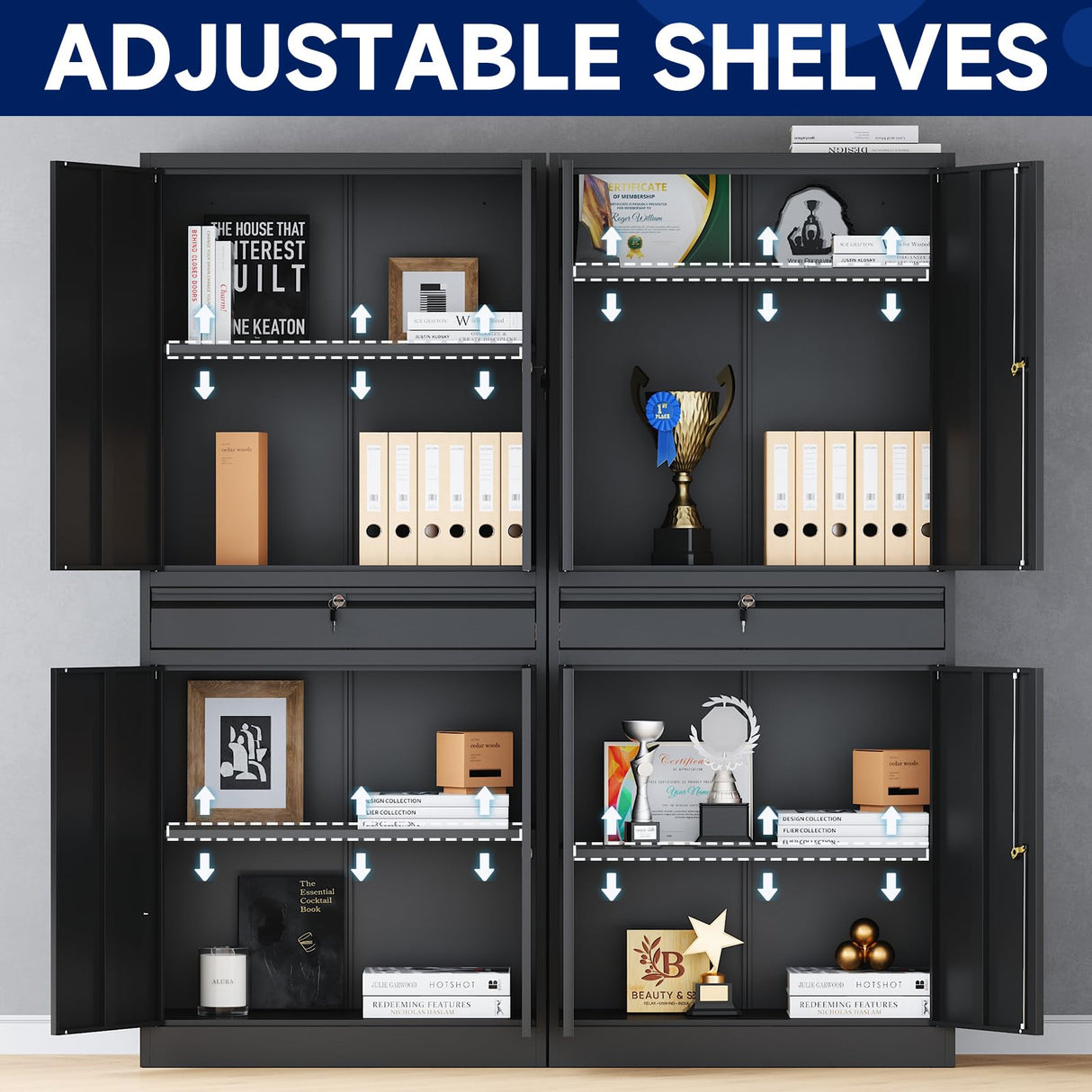 Yizosh Metal Garage Storage Cabinet with Locking Doors and Adjustable Shelves, Tool Storage Cabinet with 1 Drawer - 71" Steel Locking Cabinet for Garage, Warehouse (Black) Yizosh