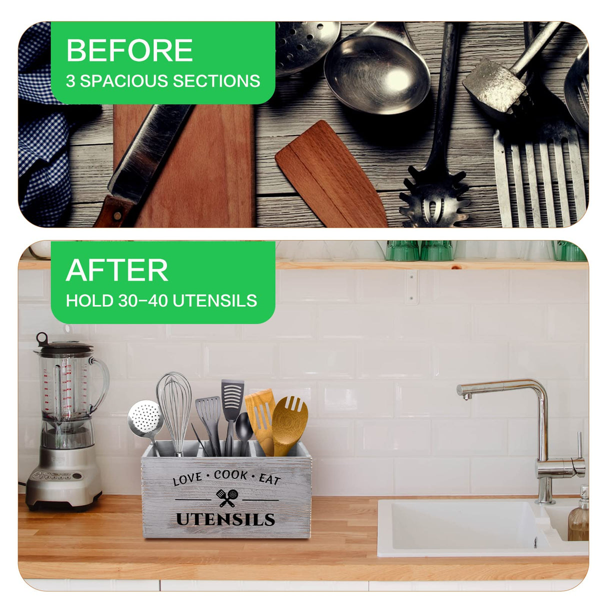 MINCORD Utensil Holder with 3 Compartments, Rustic Utensil Caddy Wood Utensil Crocks for Kitchen Counter, Farmhouse Flatware Utensil Organizer Storage Box for Silverware Fork Spoon Spatula MINCORD