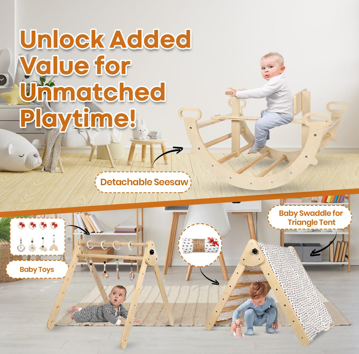 Utopia House 8 in 1 Pikler Triangle Set with Detachable Seesaw for 1.5-6 Years Old, Montessori Climbing Set, Toddler Climbing Toys Indoor Climbing Gym, Kids Climbing Toys, All Natural Wood Utopia House
