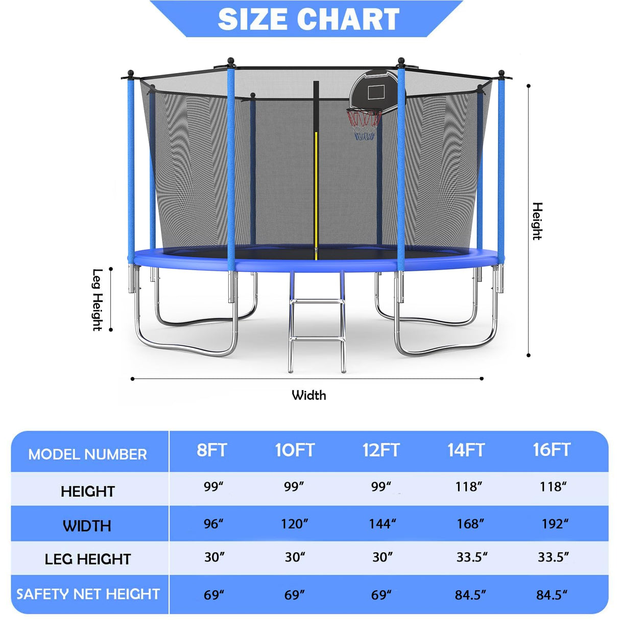 Tranpoline 8FT 10FT 12FT 14FT 16T Tranpoline for Adults/Kids with Safety Enclosure -Recreational Tranpolines with Ladder and Basketball Hoop-Outdoor Tranpoline for Kids,Capacity 300-1000lbs SENCHO GINSYTALIOR