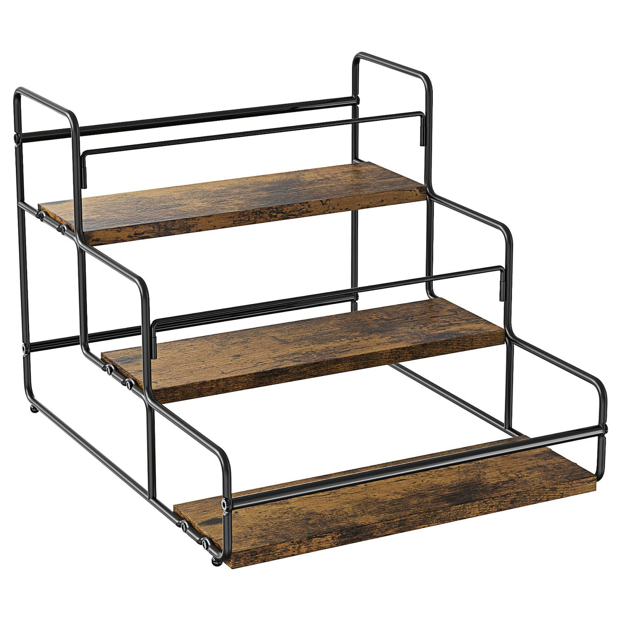 Nuovoware Liquor Bottle Display Shelf, 3-Tier Liquor Shelf, Carbon Steel Bar Cabinet with Wooden Base and Retainer Bar for Whiskey Syrup Wine, Wine Rack for Countertop Kitchen Coffee Bar, Black Nuovoware
