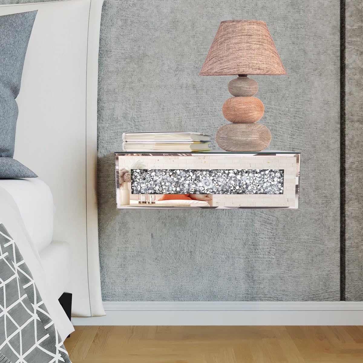 Mirrored Floating Bedside Nightstand with Drawer, Wall Mounted Silver Glass Crystal Diamond Bling Decoration Organizer for Bedroom, Living Room, Small Space, 14.5"×11.5"×4.5" ST3000