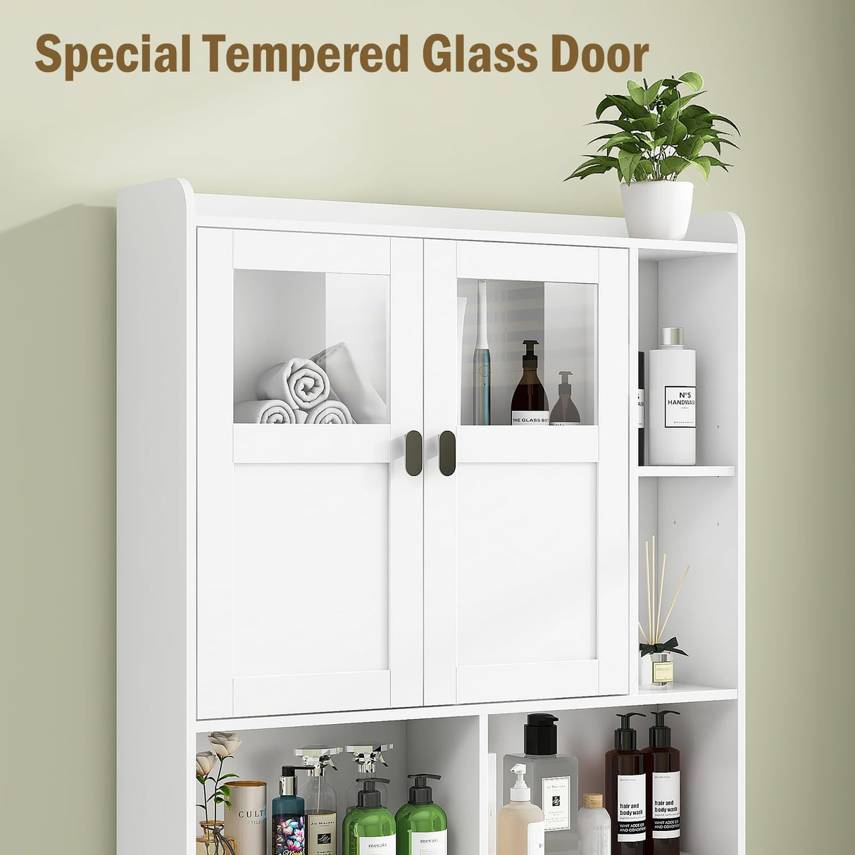 Vabches Over The Toilet Storage Cabinet, Bathroom Shelf Over Toilet with Glass Doors and Adjustable Shelves, White Freestanding Home Space Save Toilet Rack for Restroom, Bathroom, Laundry Vabches