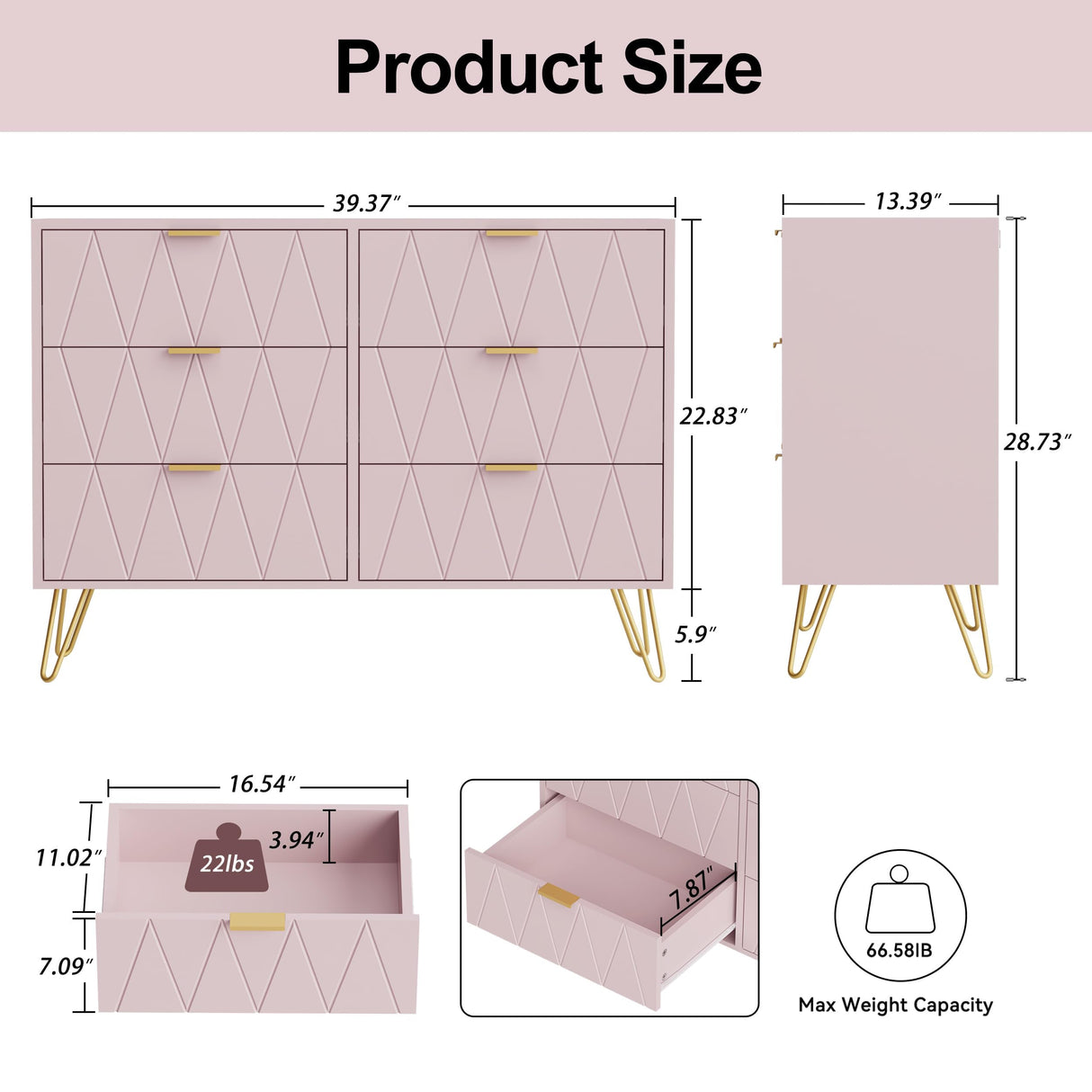 UEV Pink 6 Drawer Dresser,Modern Dresser Chest with Wide Drawers and Metal Handles,Wood Storage Chest of Drawers for Bedroom,Entryway,Hallway (Pink, 6 Drawer) UEV