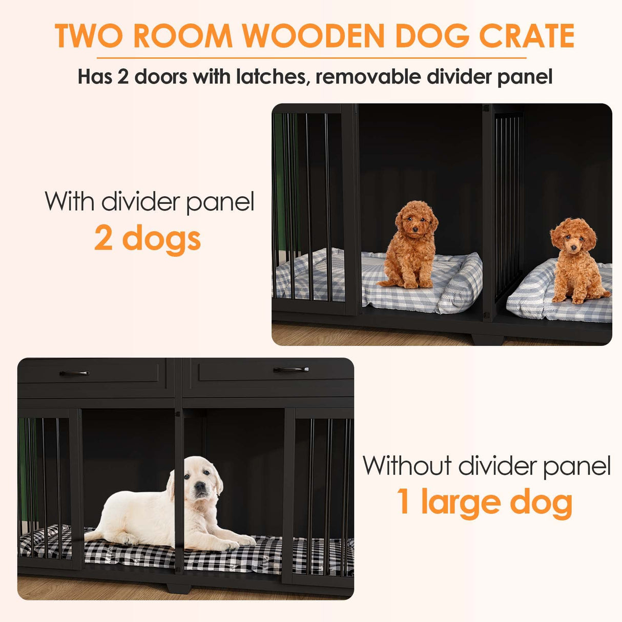 Lovinouse Furniture Style Dog Crate with Double Room, 73 Inch Wooden Dog Kennel with Removable Divider, Dog House TV Entertaiment Center for Small Medium Large X-Large Dogs (Black with Drawer) Lovinouse