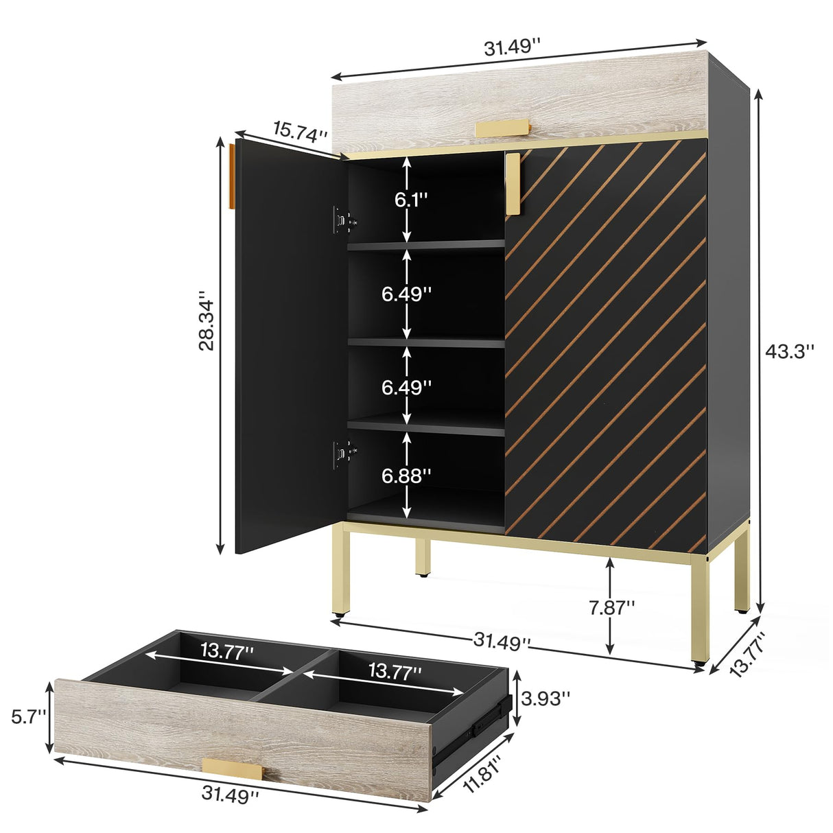 Tribesigns Shoe Cabinet with Drawers, 4-Tier Shoe Organizer with Removable Shelves, Modern Shoe Storage with Doors for Entryway, Hallway, Bedroom, Gray/Gold Tribesigns