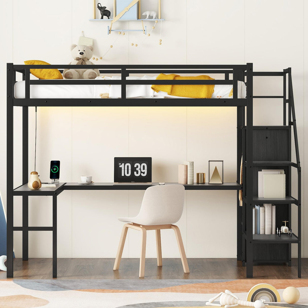 Twin XL Loft Bed with Stairs and Wardrobe, Heavy Duty Loft Bed with Desk and Storage, RGB LED Loft Bed with USB Port, Outlets and Adjustable Shelf(Black Twin XL) Bellemave