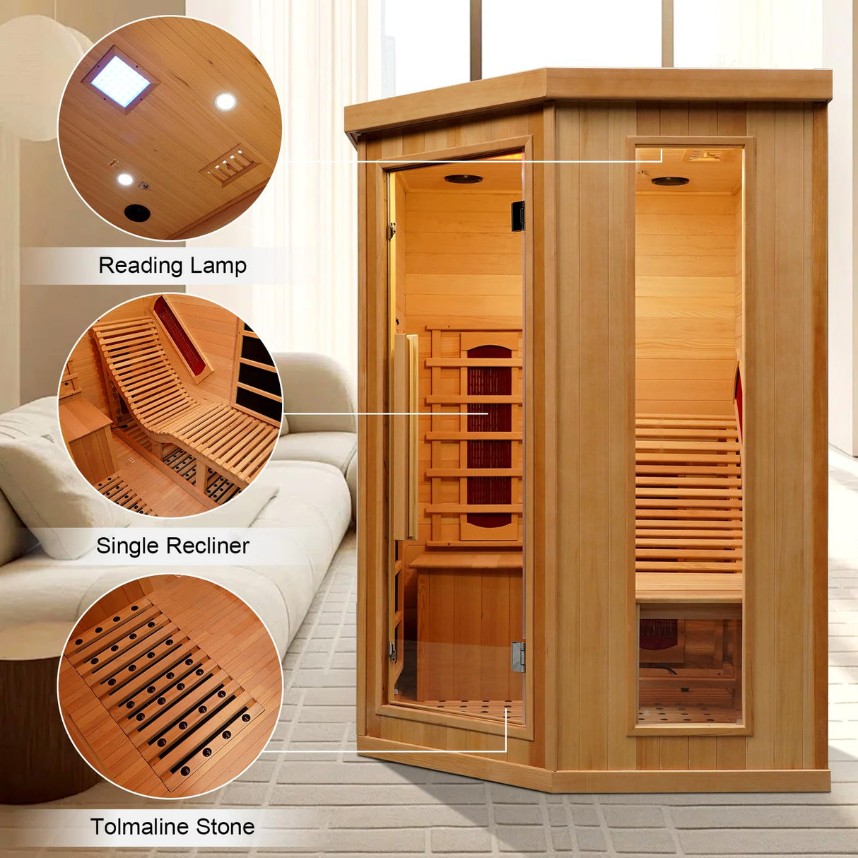 ZONEMEL Infrared Sauna Room with Recliner, One Person Infrared Sauna Home, 220V,2300W, 4 Heating Tubes, 4 Carbon Crystal Heating Panel, Bluetooth Speakers, 7 Color Light, Oxygen Bar ZONEMEL