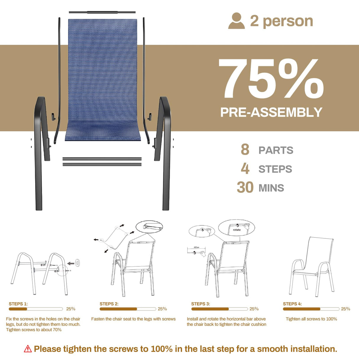 TLSUNNY Patio Dining Set 5 Pieces, All Weather Outdoor Furniture W/30"X 30" Table and 4 Stackable Textilene Chairs, Metal Table and Chairs for Lawn, Garden, Poolside, Backyard (Umbrella not Included) TLSUNNY