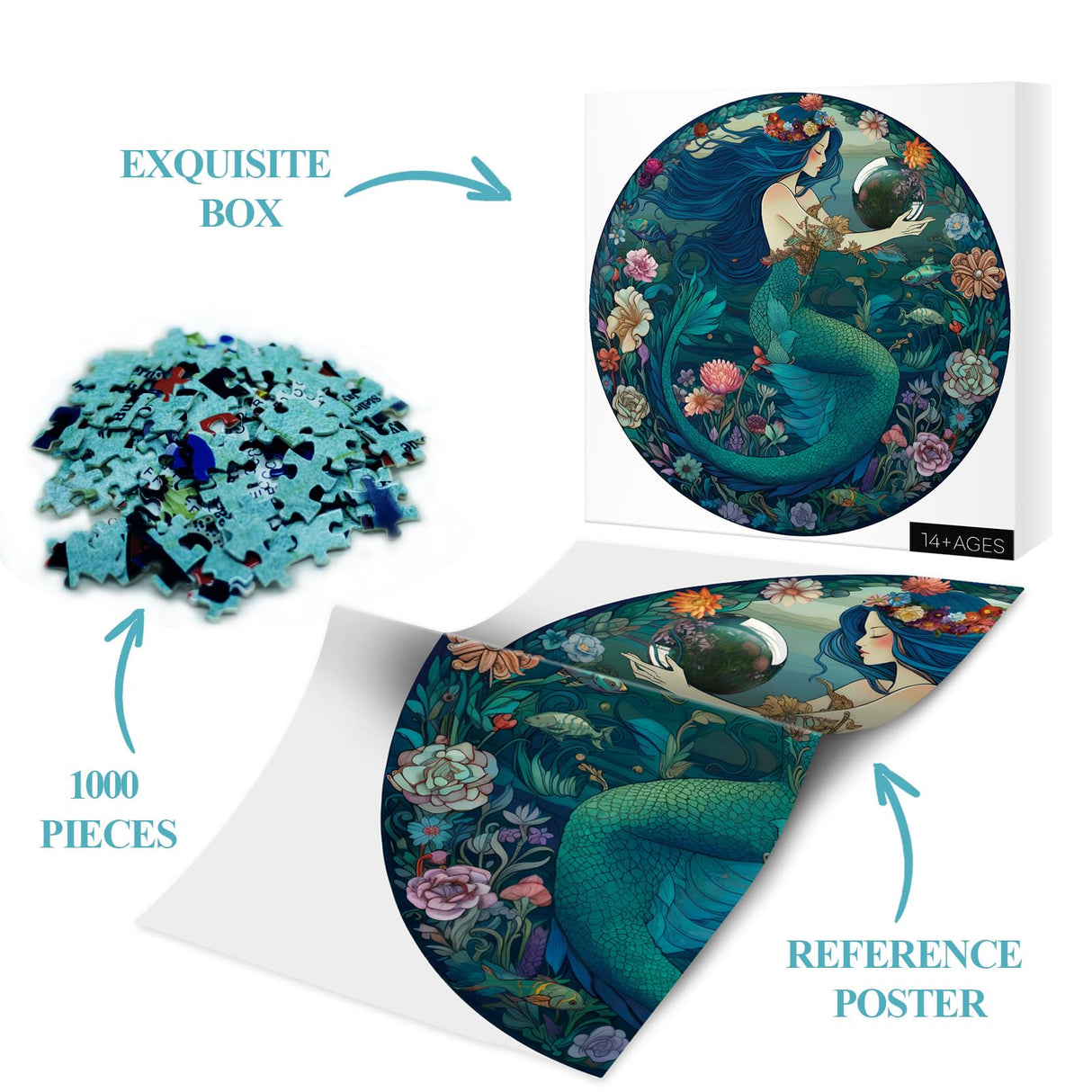 Ocean Mermaid Puzzle 1000 Pieces, Sea Princess Fairy Mandala Jigsaw Puzzles for Adults, Zodiac Mystic Underwater Green Round Puzzles BBOLDIN