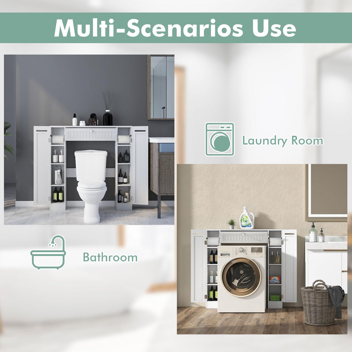 Tangkula Over The Toilet Storage Cabinet, Bathroom Space Saver w/Adjustable Shelves & Paper Holder, Freestanding above Toilet Organizer w/ 2 Side & Pull-Down Door for Bathroom Storage (White) Tangkula