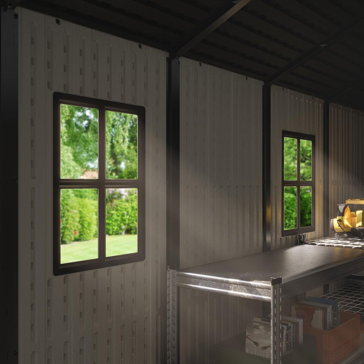 Patiowell 8x12 FT Outdoor Storage Shed, Plastic Shed Resin Garden Shed with Floor & Window & Lockable Door for Patio Furniture, Backyard Tools, Bicycles & Lawnmower, Beige Patiowell