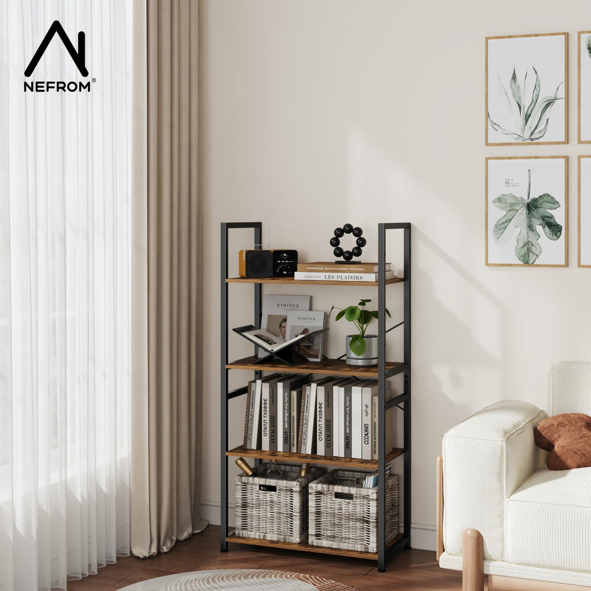 NEFROM Book Shelf, Adjustable 4-Tier Tall Bookshelf, Wooden Bookcase Shelves for Bedroom, Living Room, Display Shelf for Home, Office, Kitchen, Standing Shelving Unit Storage Organizer BC-BR-4 NEFROM