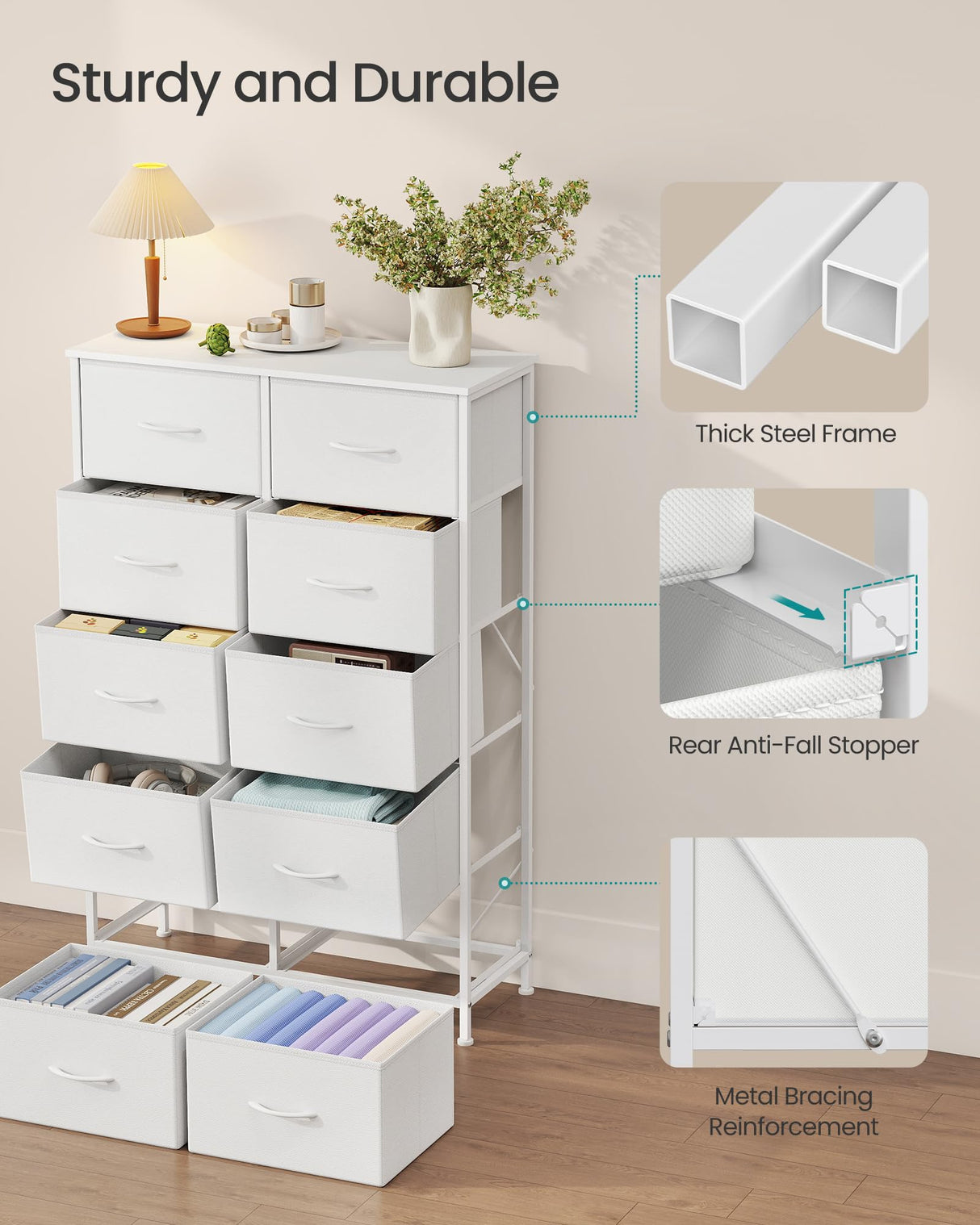 SONGMICS Dresser for Bedroom, Chest of Drawers, Steel, MDF, 10 Non-Woven Fabric Drawers, Storage Organizer Unit, Closet, Entryway, Cloud White and Snow White ULGS125W01S SONGMICS