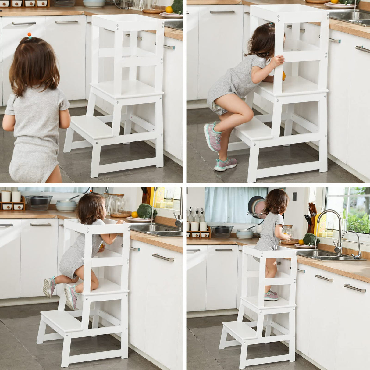Kids Kitchen Step Stool with Safety Rail,Wooden Toddler Standing Tower for Kitchen Counter, Kids Montessori Stool, Solid Wood Construction,White Wiifo