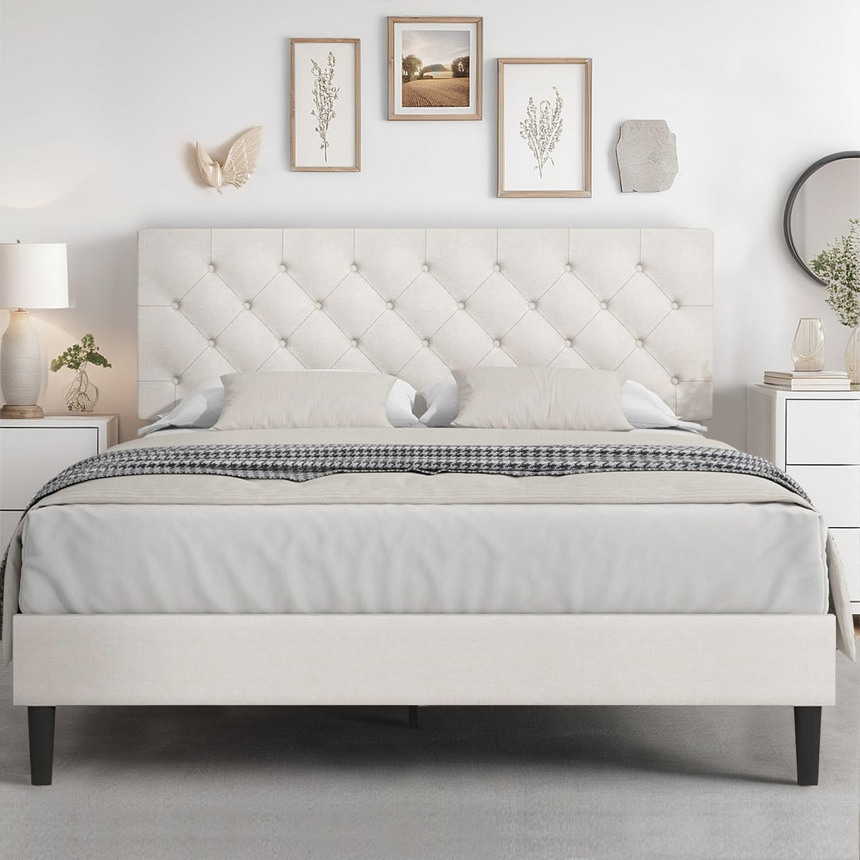 HOMBCK Queen Bed Frame with Headboard, Linen Fabric Upholstered Bed Frame Queen, Wood Slats Support, Button Tufted, No Box Spring Needed, White HOMBCK