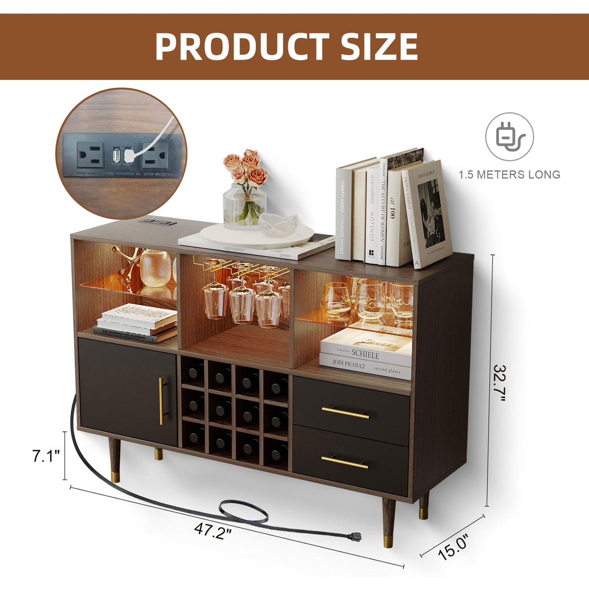 Svimi Bar Cabinet, 47 inch Walnut - Modern Cabinet with LED Light Charging Station, Buffet Table, Coffee Bar & Storage for Home Bar Svimi