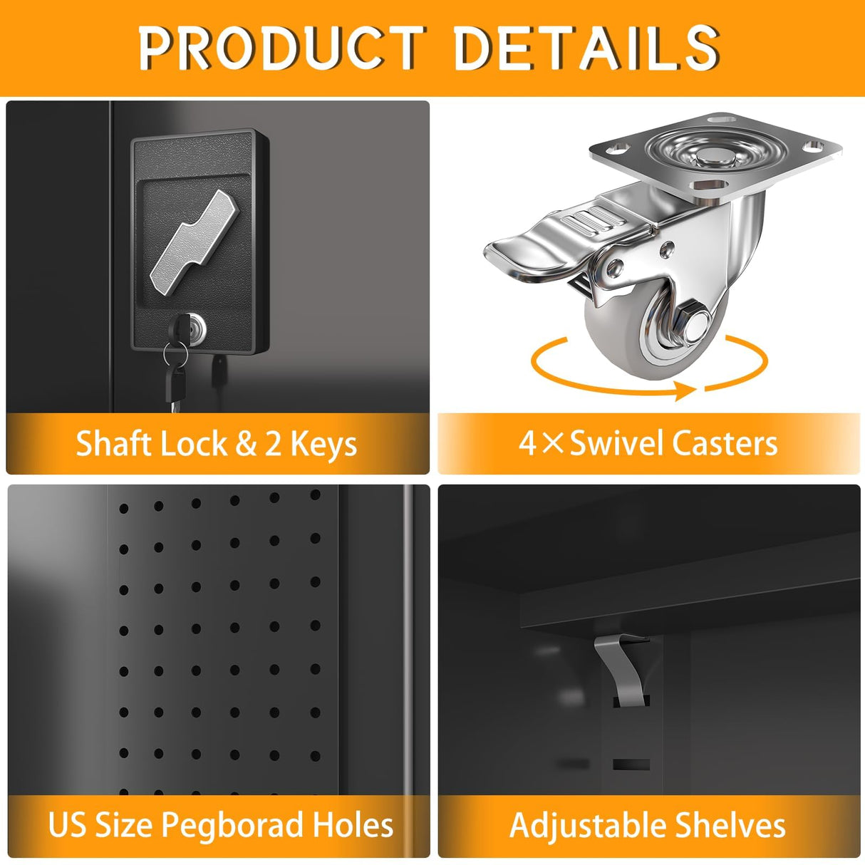 Metal Storage Cabinet with Doors & Adjustable Shelves, 72 Inch Black Lockable Garage Cabinet with Wheels & Drawers & Pegboard for Office, Gym, Basement, Warehouse basenji