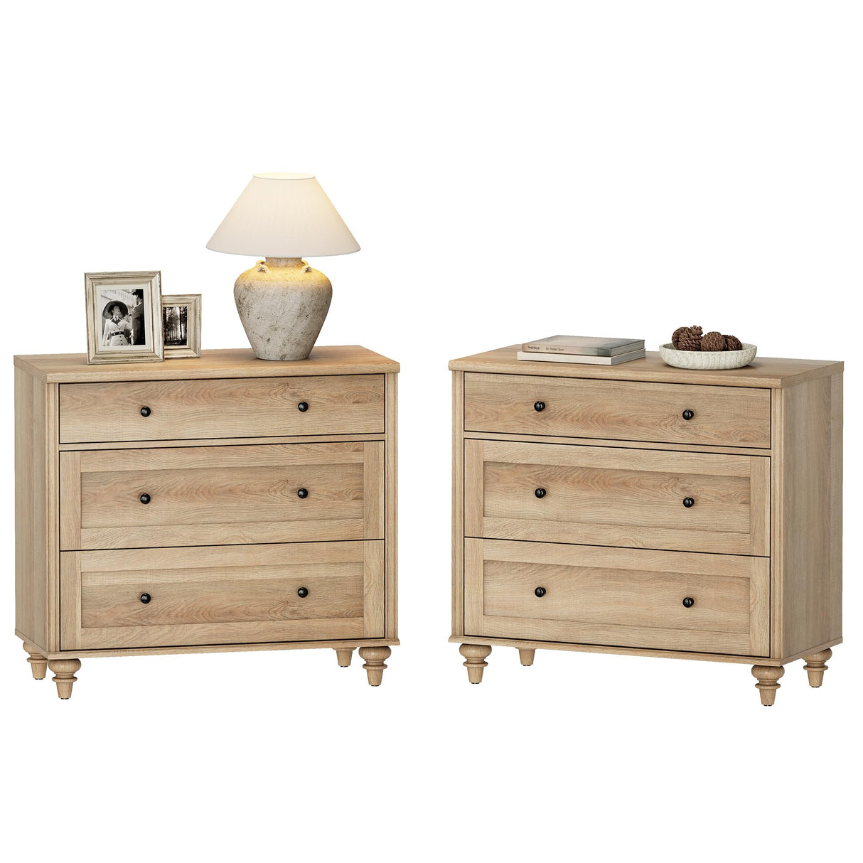 WAMPAT Farmhouse Nightstand with 3 Drawers, Set of 2 Large 3 Drawers Wood Bedside Table Night Stand, Wide Sofa Side End Table Chest of Dresser for Living Room, Bedroom, Oak, 34 inch WAMPAT