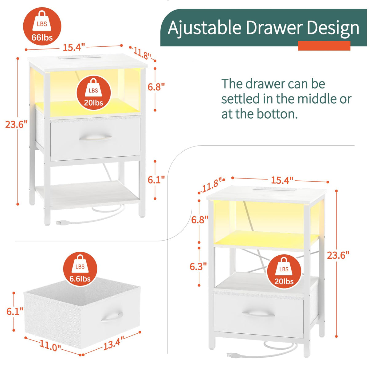 Yoobure White Night Stand with Charging Station, LED Nightstand for Bedroom, Bedside Tables with Adjustable Fabric Drawer, 3-Tier End Table Living Room, Small Side Table with Storage Yoobure