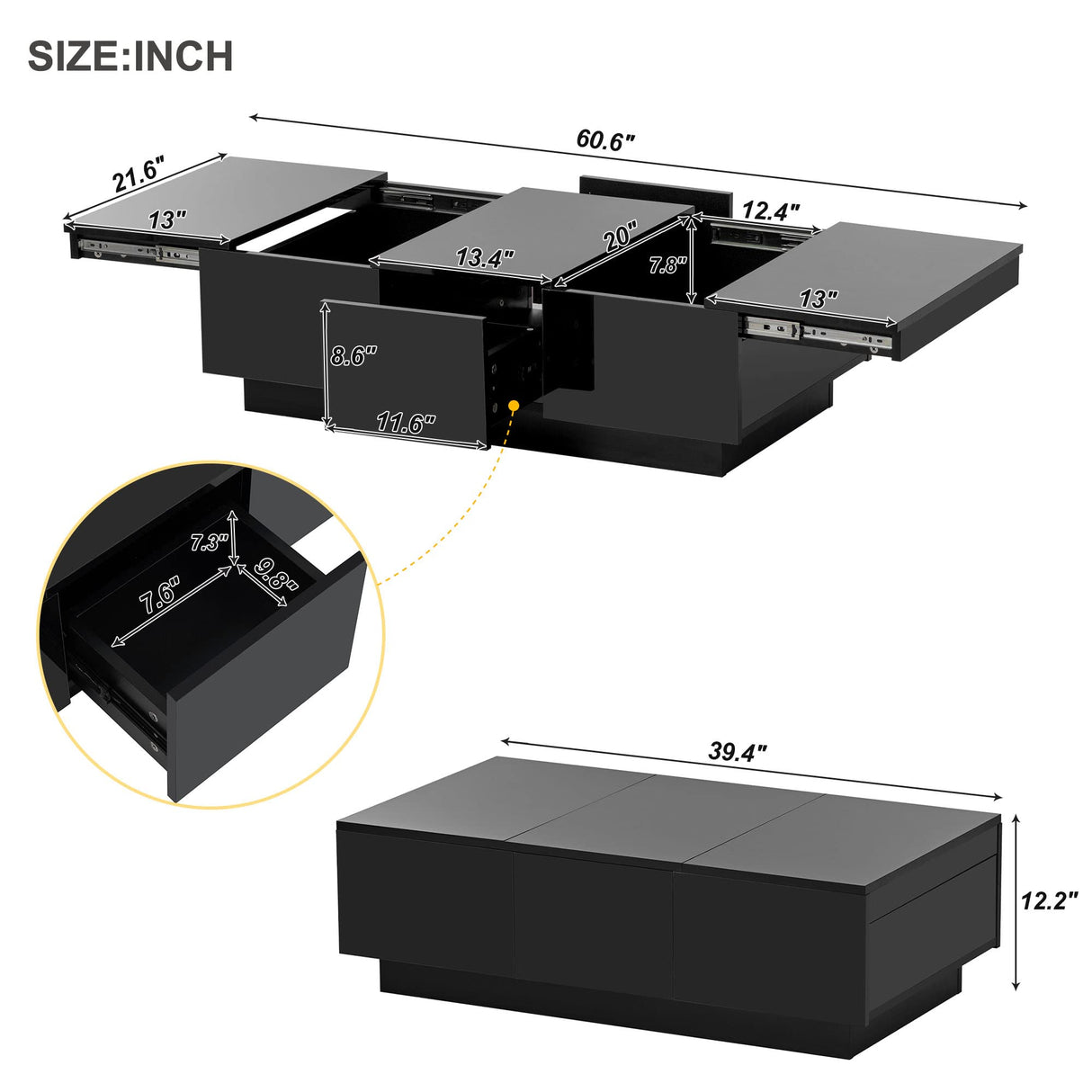 Multifunctional Coffee Table with 2 Large Hidden Storage Compartment, Extendable Cocktail Table with 2 Drawers, High-Gloss Center Table with Sliding Top for Living Room, 39.4"x21.6", Black Harper & Bright Designs