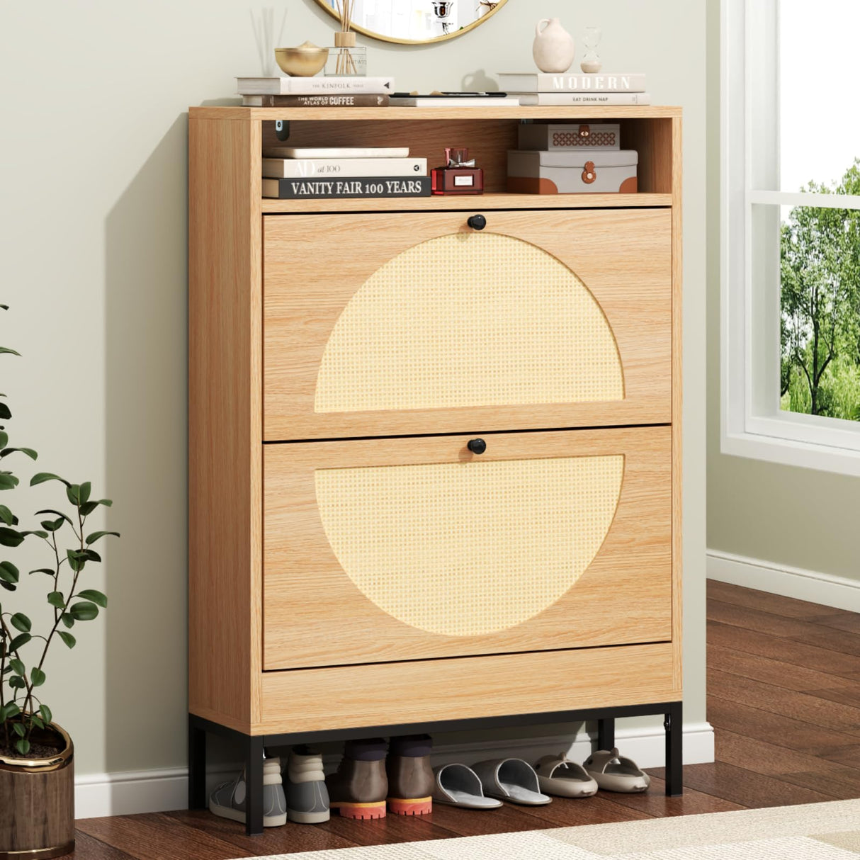 Gyfimoie Rattan Shoe Cabinet with 2 Flip Drawers, Free Standing Narrow Shoe Storage Organizer with Top Cubby, Slim Shoe Rack Cabinet for Entryway, Natural (Natural) Gyfimoie
