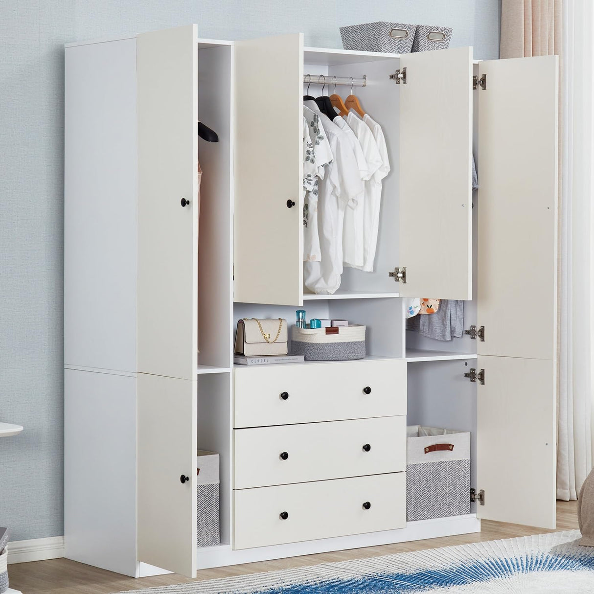 ModMakers 74" Tall 4 Doors 3 Drawers White Wood Wardrobe Closet Armoire Closets for Bedroom Freestanding Bathroom Wardrobe Cabinet with Hanging Rod Shleves Wooden Clothes Storage Organizer ModMakers