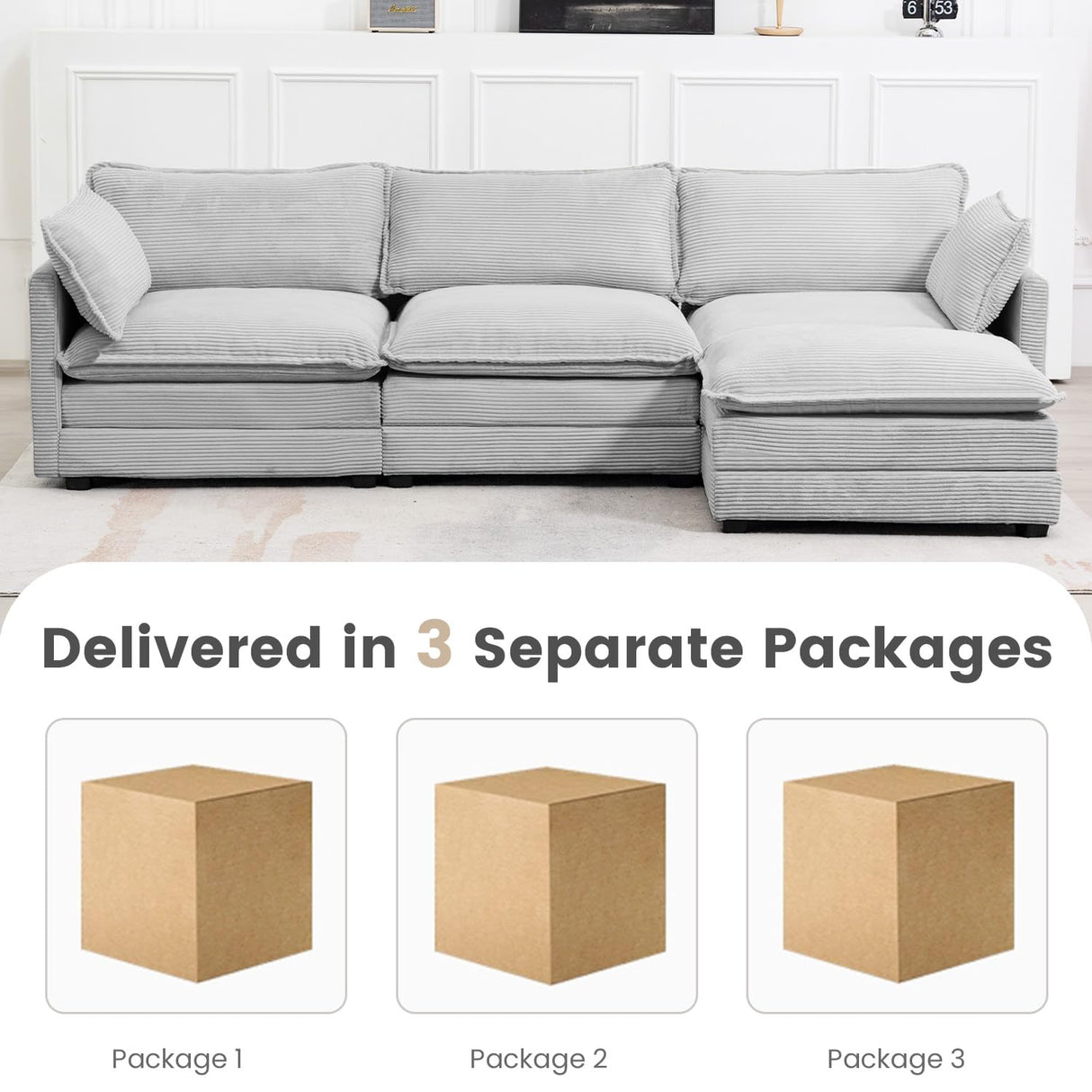 ROWHY Oversized Modular Sectional Sofa with Movable Ottoman, 112 Inch 4 Seat Modern Corduroy Sofa Set, Convertible L Shaped Couch for Living Room and Office, Light Grey ROWHY