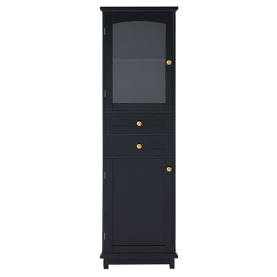 Tall Bathroom Storage Cabinet With Glass Doors, Free-Standing, Two Drawers, And Adjustable Shelves, Board, Painted Perfect For Displaying Your Favorite Items