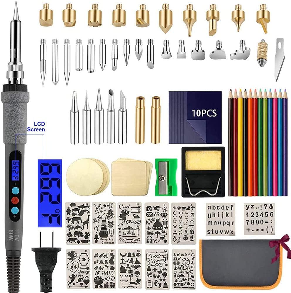 75Pcs Wood Burning Kit, Wood Tool with LCD Display Wood Pen Adjustable Temperature Carving/Soldering Tips WoodArtSupply