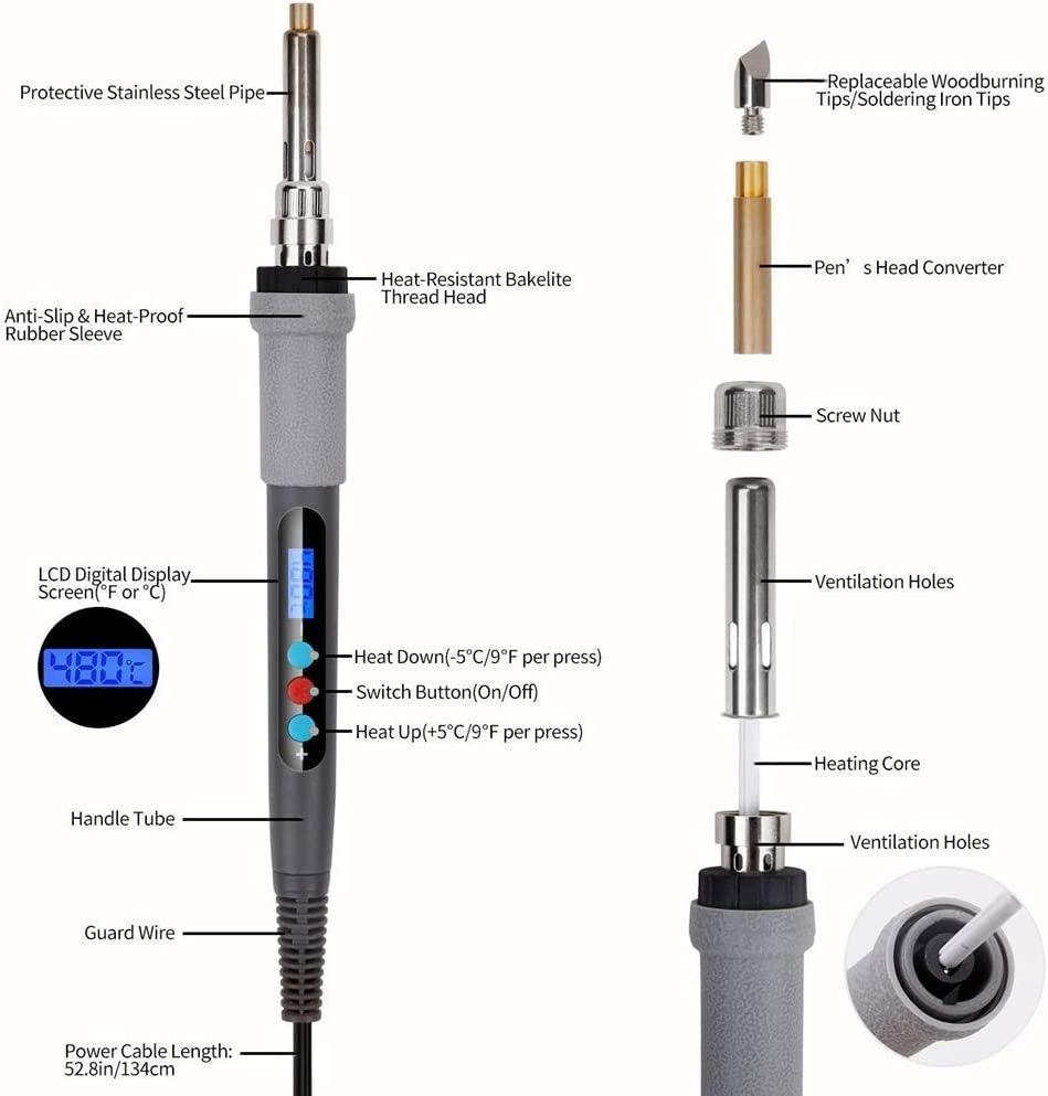 75Pcs Wood Burning Kit, Wood Tool with LCD Display Wood Pen Adjustable Temperature Carving/Soldering Tips WoodArtSupply